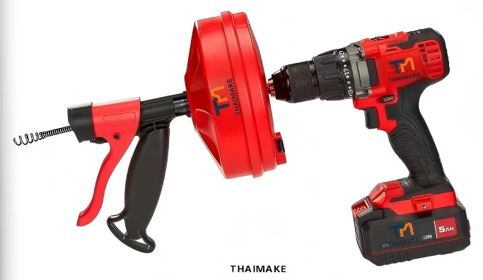 DC drill-powered drain auger with 25 ft reinforced steel cable