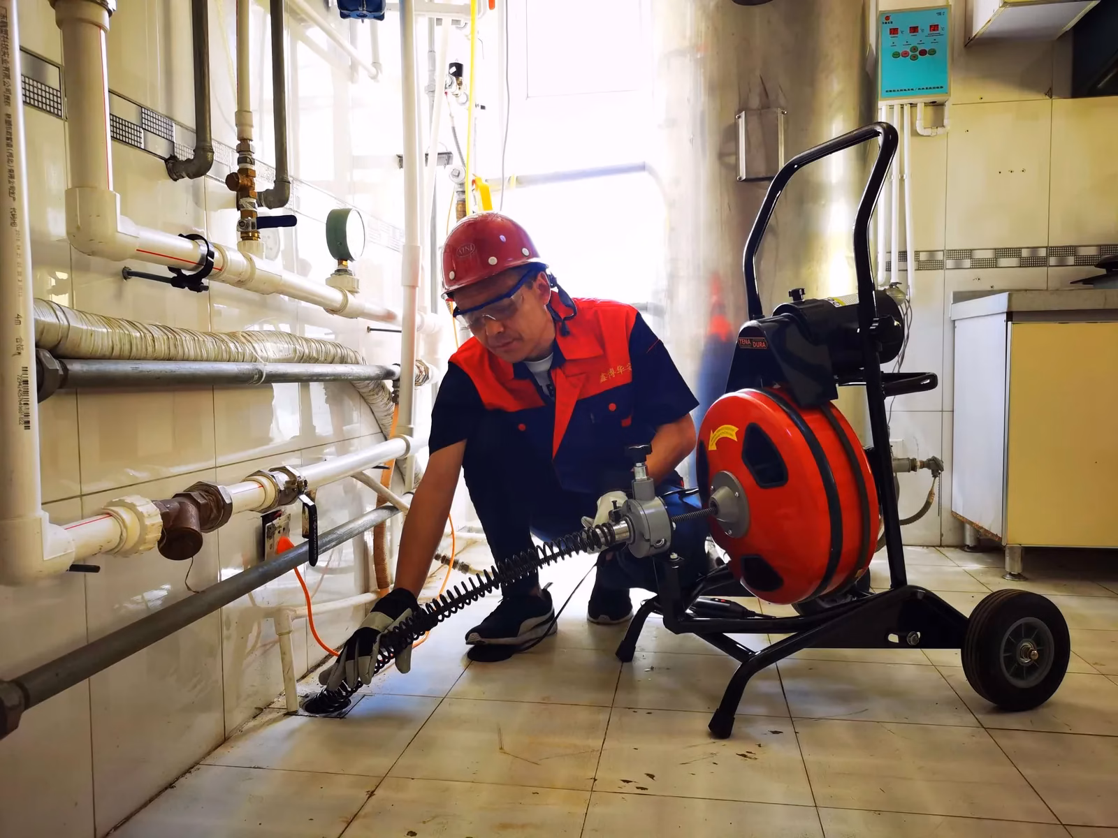 HOME Operator using THAIMAKE drum drain cleaning machine on a jobsite